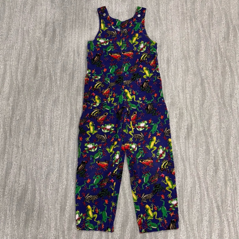 VTG 90s Handmade Purple Corduroy Frog Print Jumpsuit Pockets Youth Sz 12